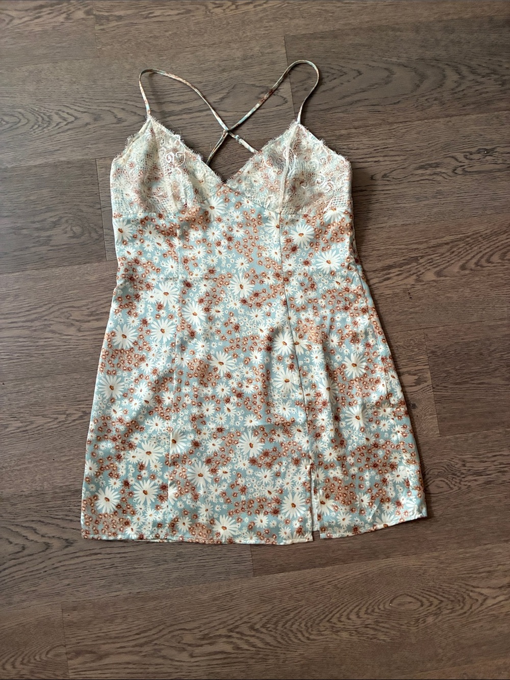 Garage Daisy-Print Lace Slip Dress in Light Blue and Brown with Side Zipper